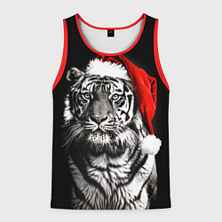 Майка-безрукавка мужская Тигр в красном колпаке Деда Мороза, цвет: 3D-красный