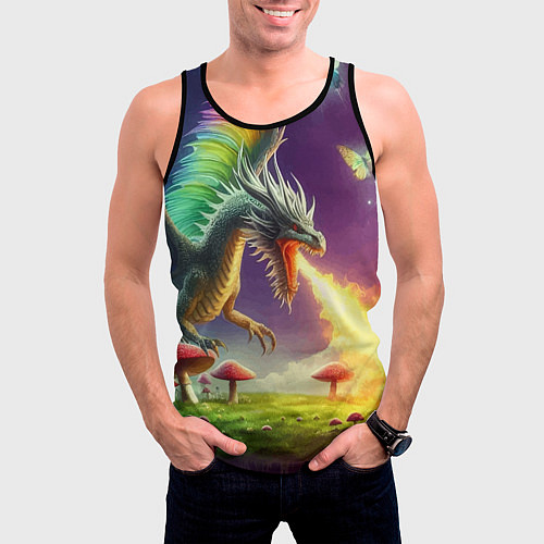 Мужская майка без рукавов Огнедышащий дракон на грибной поляне / 3D-Черный – фото 3