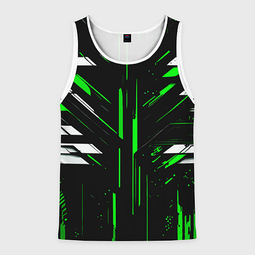 Мужская майка без рукавов Зелёно-белые полосы и точки на чёрном фоне / 3D-Белый – фото 1