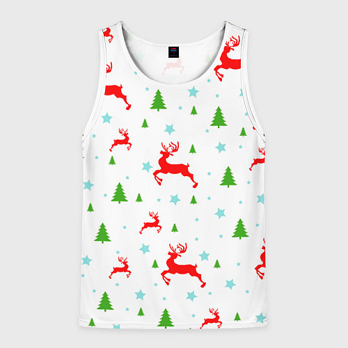 Мужская майка без рукавов Новогодние олени с ёлками / 3D-Белый – фото 1