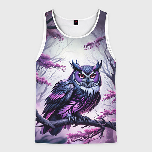 Мужская майка без рукавов Черно фиолетовая сова сидит на ветке / 3D-Белый – фото 1