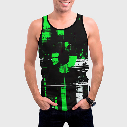 Мужская майка без рукавов Зелёно-белый гранж на чёрном фоне / 3D-Черный – фото 3