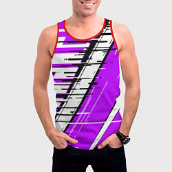 Майка-безрукавка мужская Чёрно-белые глитч полосы на фиолетовом фоне, цвет: 3D-красный — фото 2