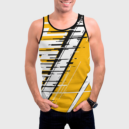 Мужская майка без рукавов Чёрно-белые глитч полосы на жёлтом фоне / 3D-Черный – фото 3