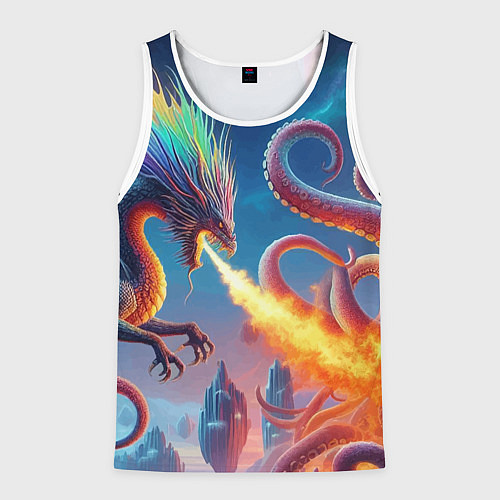 Мужская майка без рукавов Огнедышащий дракон против осьминога - нейроарт фан / 3D-Белый – фото 1
