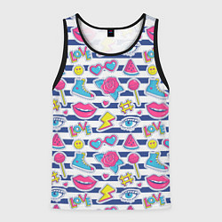 Майка-безрукавка мужская Полосатый паттерн с яркими молодежными стикерами, цвет: 3D-черный