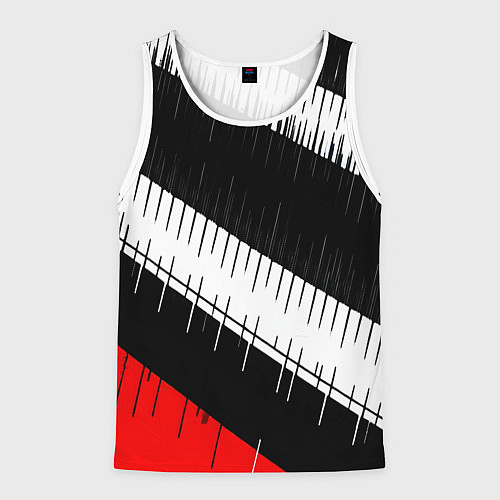 Мужская майка без рукавов Диагональные чёрно-белые полосы на красном фоне / 3D-Белый – фото 1