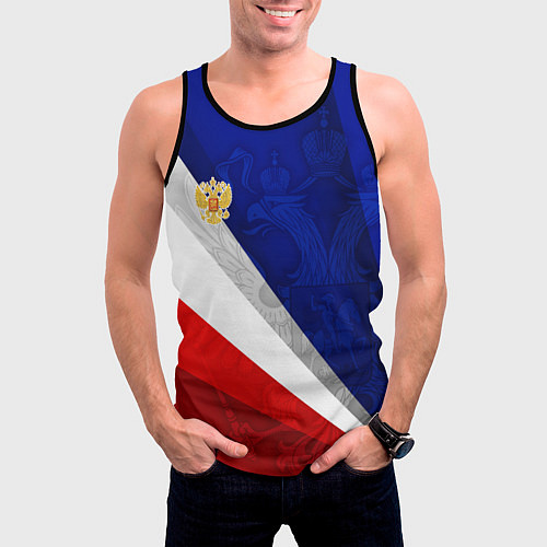 Мужская майка без рукавов Герб России - триколор / 3D-Черный – фото 3