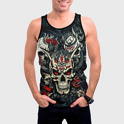 Майка-безрукавка мужская Маска Хання на черепе самурая на фоне духов, цвет: 3D-черный — фото 2