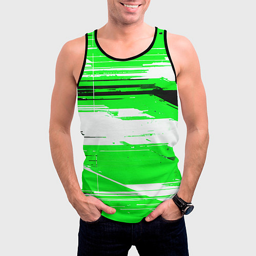 Мужская майка без рукавов Горизонтальные чёрно-белые линии на зелёном фоне / 3D-Черный – фото 3
