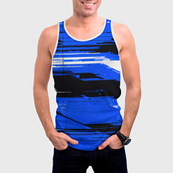 Майка-безрукавка мужская Горизонтальные чёрно-белые линии на синем фоне, цвет: 3D-белый — фото 2