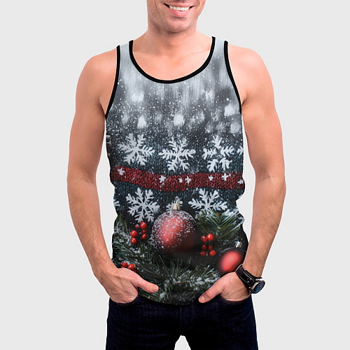 Мужская майка без рукавов Новогодние снежинки / 3D-Черный – фото 3