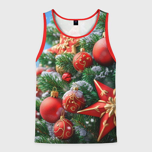 Мужская майка без рукавов Красные шары и звезда новогодняя / 3D-Красный – фото 1