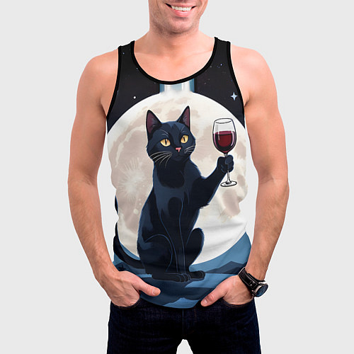 Мужская майка без рукавов Черный кот с вином / 3D-Черный – фото 3
