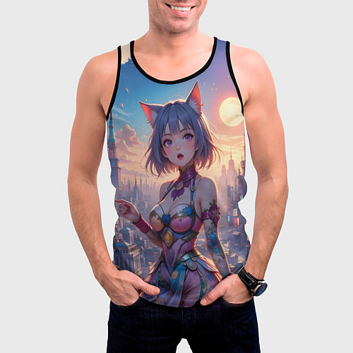 Мужская майка без рукавов Аниме в фантастическом городе / 3D-Черный – фото 3