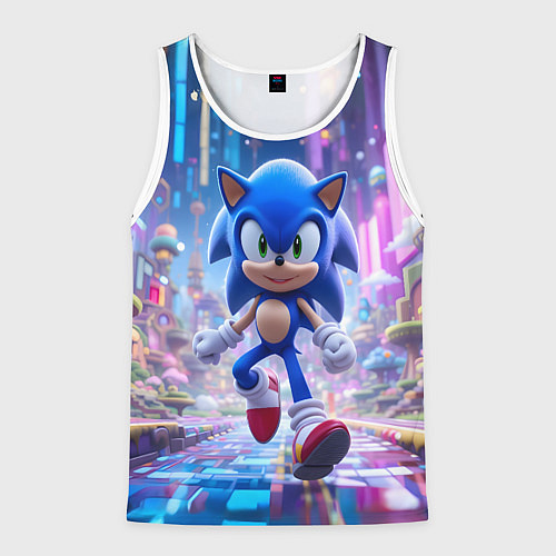 Мужская майка без рукавов Sonic в неоновом городе / 3D-Белый – фото 1