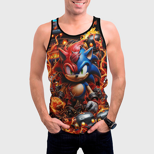 Мужская майка без рукавов Соник и Наклз на фоне огня и роботов / 3D-Черный – фото 3
