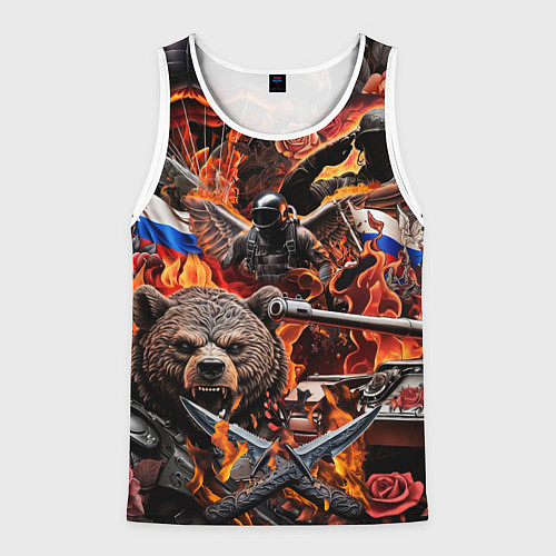 Мужская майка без рукавов Русский медведь воин на фоне военной техники / 3D-Белый – фото 1