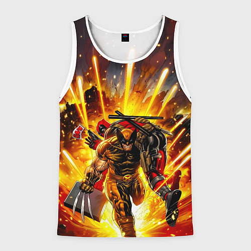 Мужская майка без рукавов Дэдпул и Росомаха при взрыве / 3D-Белый – фото 1