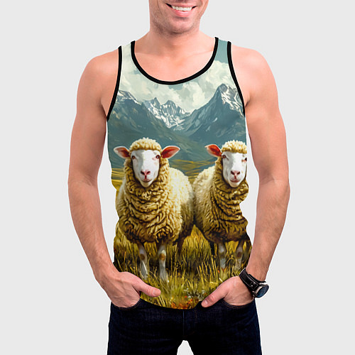Мужская майка без рукавов Четыри овцы в горах / 3D-Черный – фото 3
