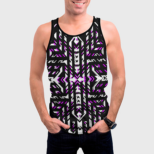 Мужская майка без рукавов Чёрно-фиолетовые диагональные полосы на белом фоне / 3D-Черный – фото 3