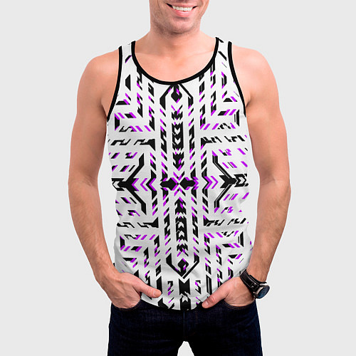 Мужская майка без рукавов Чёрно-фиолетовые диагональные полосы на белом фоне / 3D-Черный – фото 3