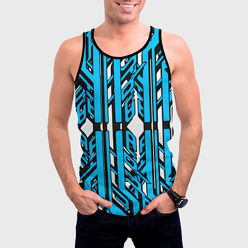 Мужская майка без рукавов Чёрно-синие техно полосы на белом фоне / 3D-Черный – фото 3