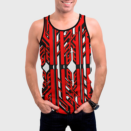 Мужская майка без рукавов Чёрно-красные техно полосы на белом фоне / 3D-Черный – фото 3