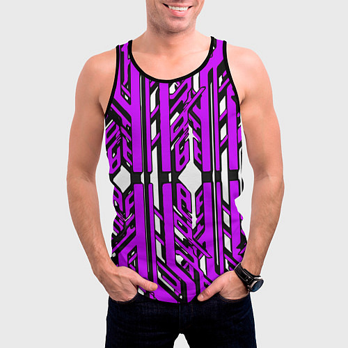 Мужская майка без рукавов Чёрно-фиолетовые техно полосы на белом фоне / 3D-Черный – фото 3