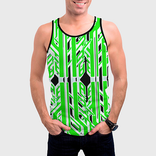 Мужская майка без рукавов Бело-зелёные техно полосы на чёрном фоне / 3D-Черный – фото 3