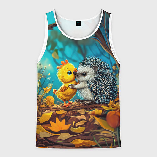 Мужская майка без рукавов Милые ежик с цыпленком в осеннем лесу / 3D-Белый – фото 1