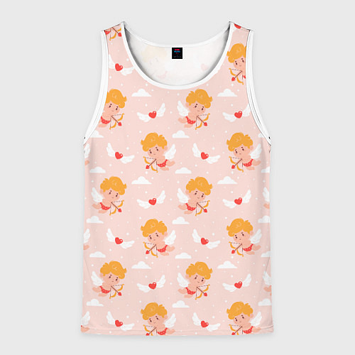 Мужская майка без рукавов Паттерн с милыми купидонами и крылатыми сердечками / 3D-Белый – фото 1