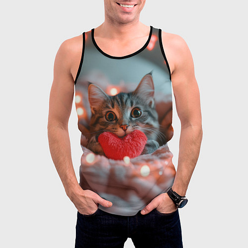 Мужская майка без рукавов Котик с сердечком / 3D-Черный – фото 3