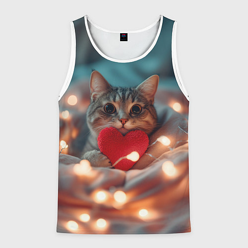Мужская майка без рукавов Кошка с сердцем / 3D-Белый – фото 1