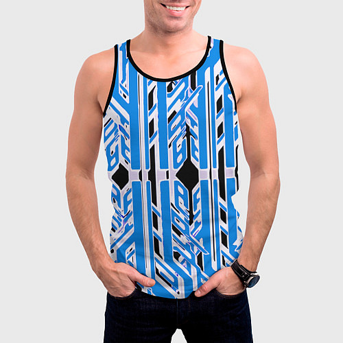 Мужская майка без рукавов Бело-синие техно полосы на чёрном фоне / 3D-Черный – фото 3