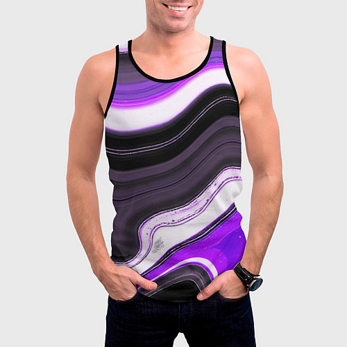 Мужская майка без рукавов Волнистые горизонтальные чёрно-фиолетовые полосы н / 3D-Черный – фото 3