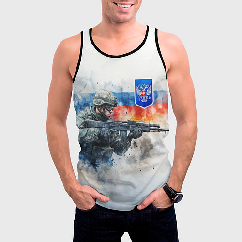 Мужская майка без рукавов Русский солдат и синий герб РФ / 3D-Черный – фото 3