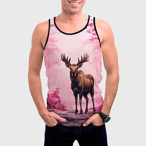 Мужская майка без рукавов Лось в розовом лесу / 3D-Черный – фото 3