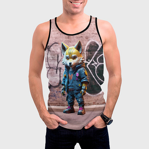 Мужская майка без рукавов Уличный лисёнок на своём районе / 3D-Черный – фото 3