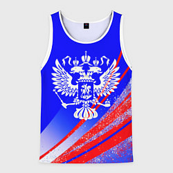 Майка-безрукавка мужская Герб России на фоне цветов флага синий, цвет: 3D-белый