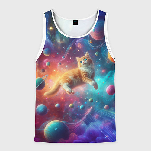 Мужская майка без рукавов Рыжий космический котёнок - неоновое свечение / 3D-Белый – фото 1