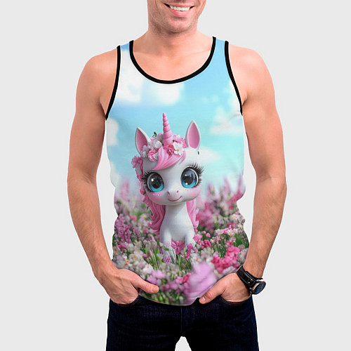 Мужская майка без рукавов Единорожка в цветочках / 3D-Черный – фото 3