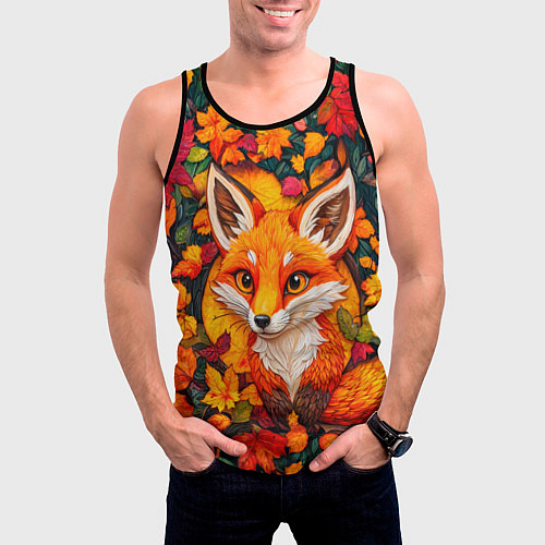 Мужская майка без рукавов Лисенок в осенних листьях / 3D-Черный – фото 3