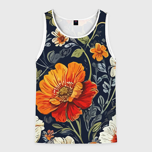 Мужская майка без рукавов Маки и пионы старинный паттерн / 3D-Белый – фото 1