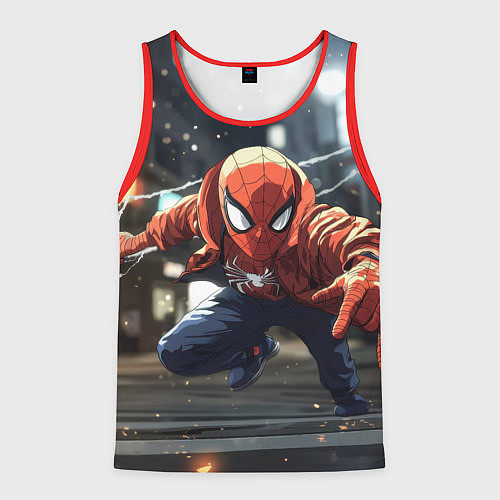 Мужская майка без рукавов Человек-паук запускает паутину / 3D-Красный – фото 1