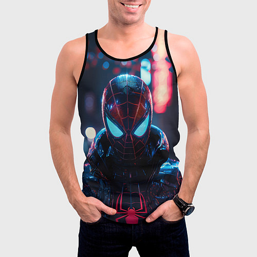 Мужская майка без рукавов Человек-паук в вечернем городе / 3D-Черный – фото 3