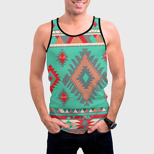 Мужская майка без рукавов Оранжево бирюзовый геометрический узор в стиле ацт / 3D-Черный – фото 3
