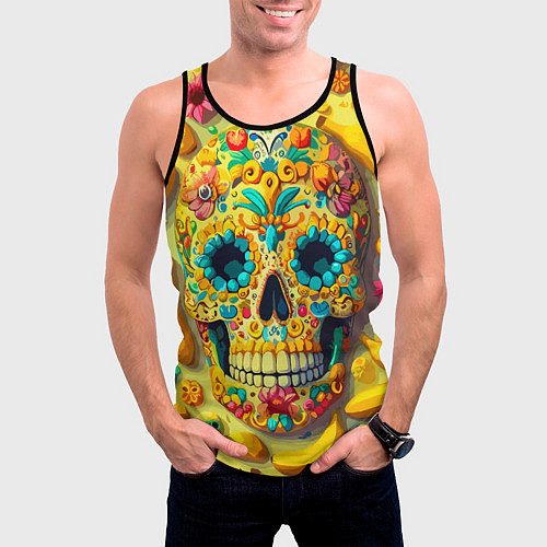 Мужская майка без рукавов Красочный летний паттерн с черепом - нейроарт / 3D-Черный – фото 3