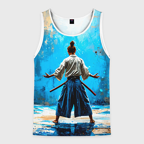 Мужская майка без рукавов Боец айкидо на синем / 3D-Белый – фото 1