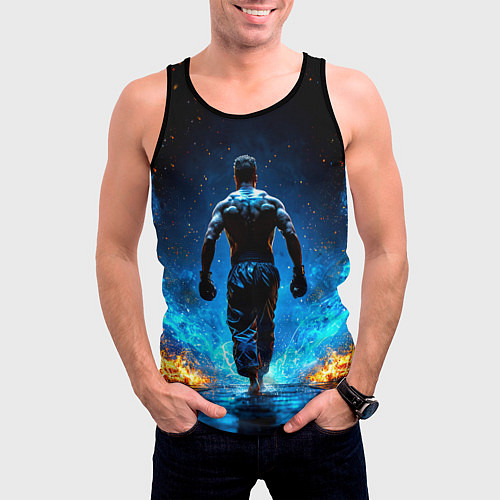 Мужская майка без рукавов Боец крав-мага в синем пламени / 3D-Черный – фото 3